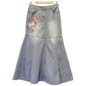 Vintage Jeanology Denim Maxi Skirt Boho Embroidered Mermaid Hem Gray Wash Size 4